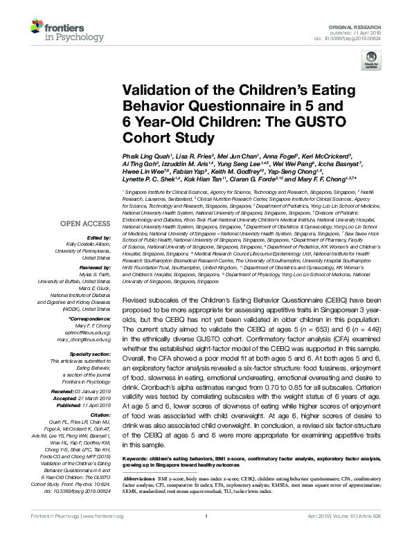 (PDF) Validation of the Children’s Eating Behavior Questionnaire in 5 ...