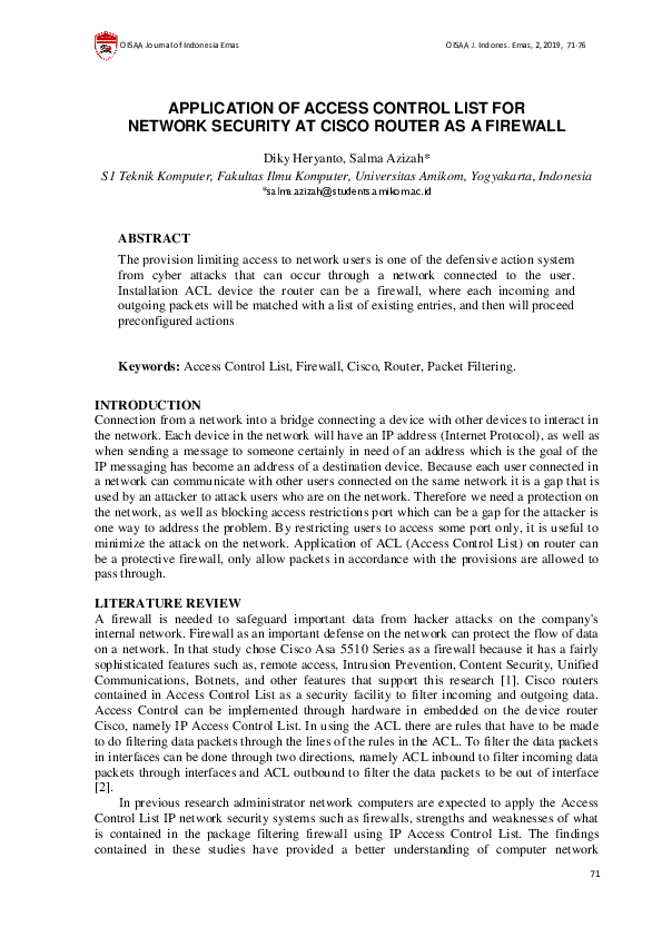 (PDF) Application of Access Control List for Network Security at Cisco ...