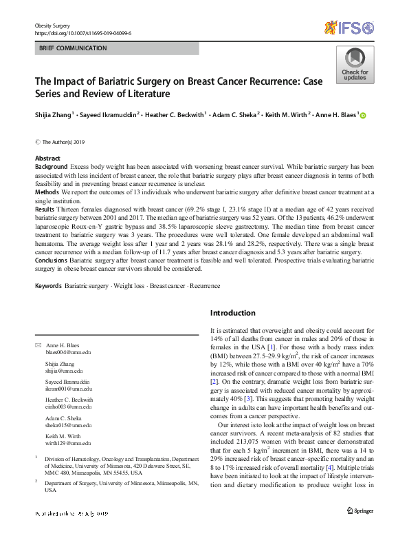 (PDF) The Impact of Bariatric Surgery on Breast Cancer Recurrence: Case ...