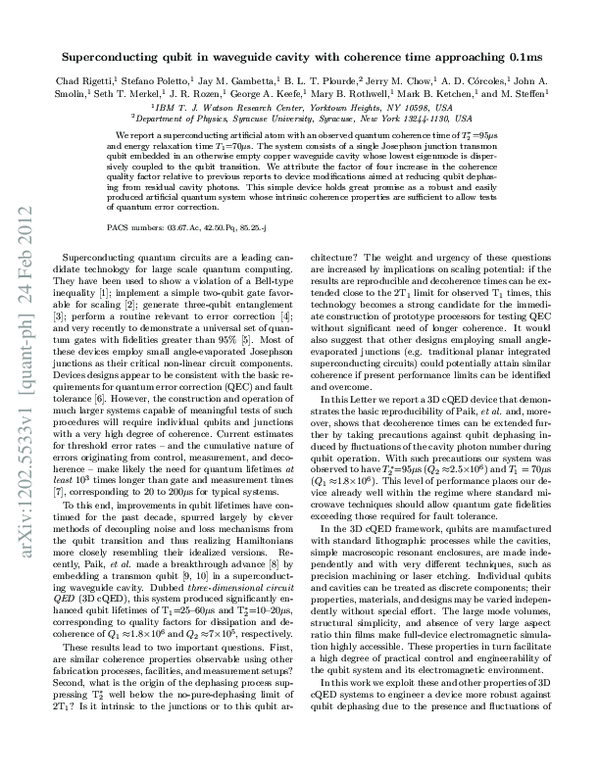 (PDF) Superconducting qubit in a waveguide cavity with a coherence time ...