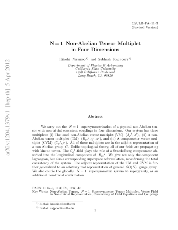 (PDF) N=1 non-Abelian tensor multiplet in four dimensions