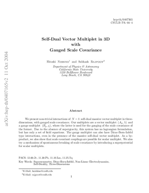 (PDF) Self-Dual Vector Multiplet in 3D with Gauged Scale Covariance