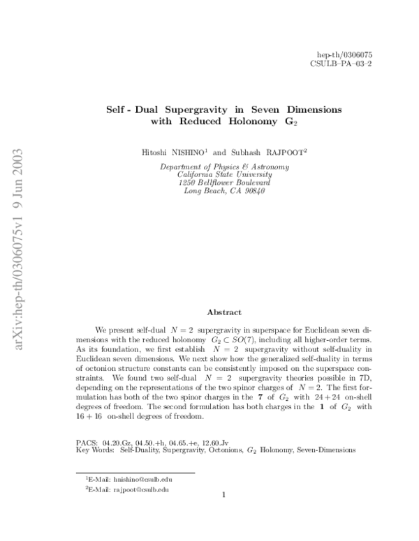 (PDF) Self-dual supergravity in seven dimensions with reduced holonomy G2
