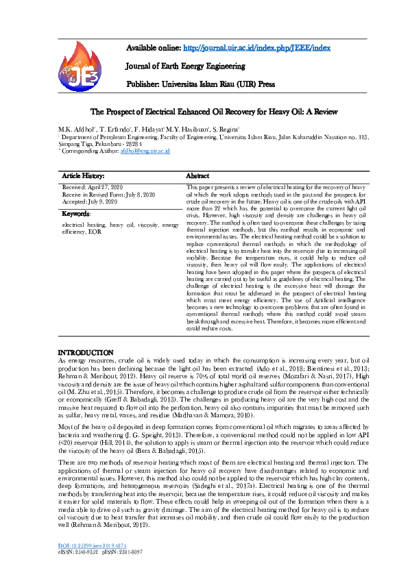 (PDF) The Prospect of Electrical Enhanced Oil Recovery for Heavy Oil: A ...