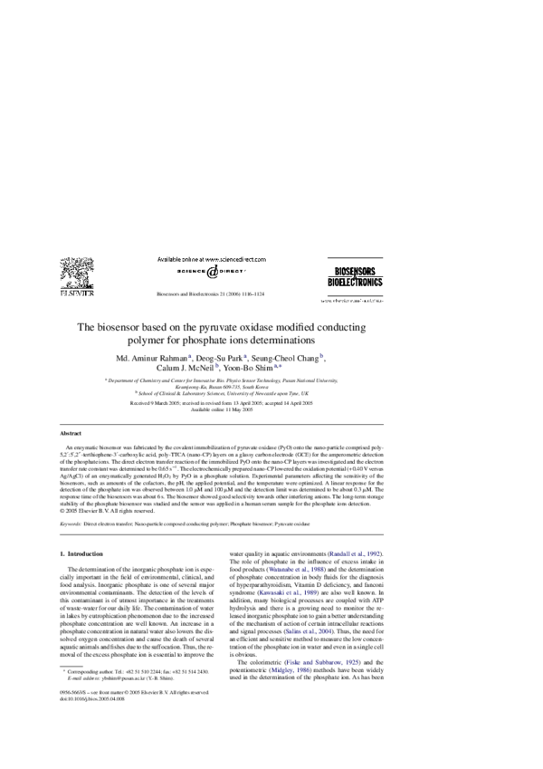(PDF) The biosensor based on the pyruvate oxidase modified conducting ...