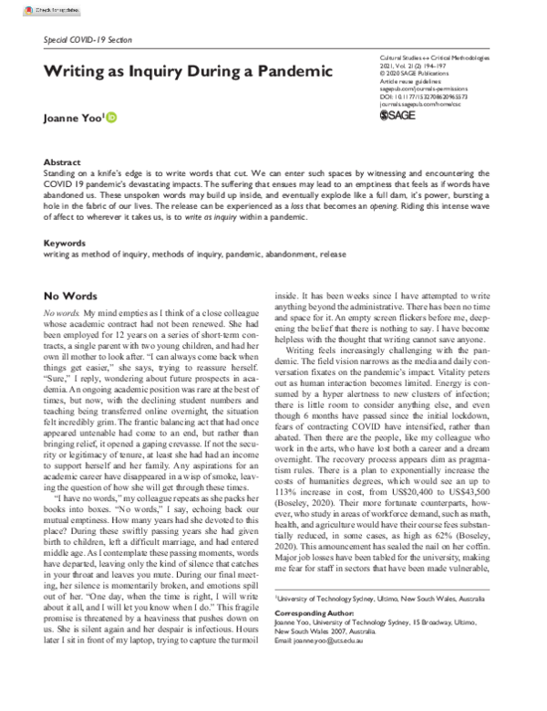 (PDF) Writing as Inquiry During a Pandemic