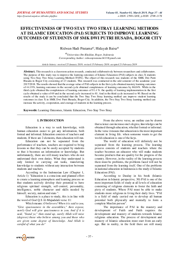 (PDF) Effectiveness of Two Stay Two Stray Learning Methods at Islamic ...