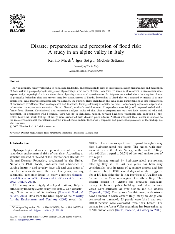 (PDF) Disaster preparedness and perception of flood risk: A study in an ...