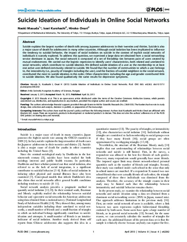 (PDF) Suicide ideation of individuals in online social networks