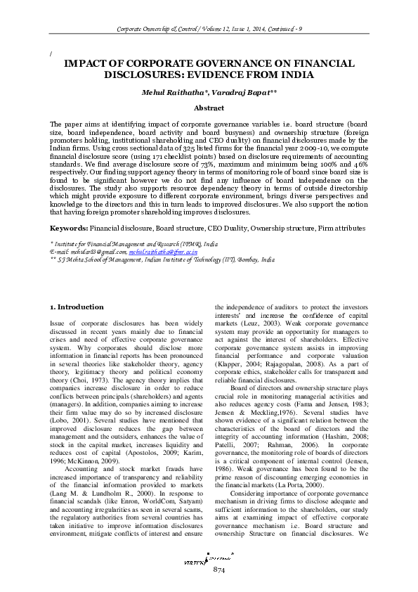 (PDF) Impact of Corporate Governance on Financial Disclosures: Evidence ...