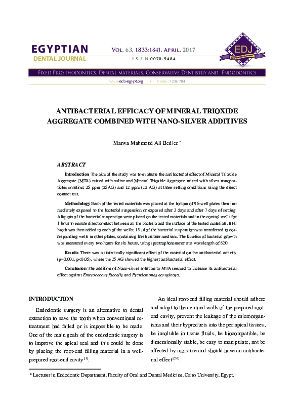(PDF) Antibacterial Efficacy of Mineral Trioxide Aggregate Combined ...