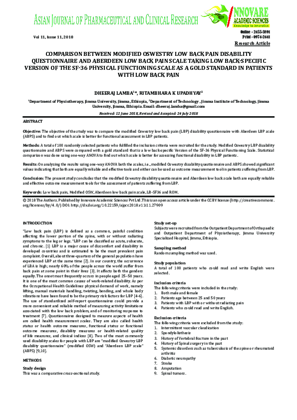 (PDF) Comparison Between Modified Oswestry Low Back Pain Disability ...