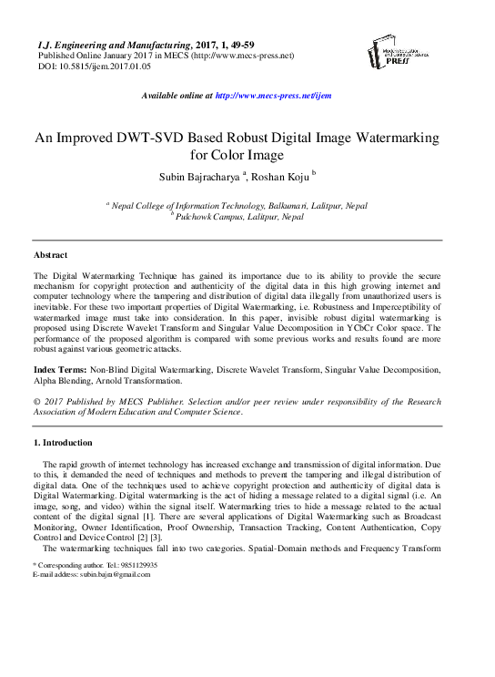 (PDF) An Improved DWT-SVD Based Robust Digital Image Watermarking for ...