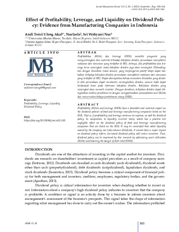 (PDF) Effect of Profitability, Leverage, and Liquidity on Dividend ...