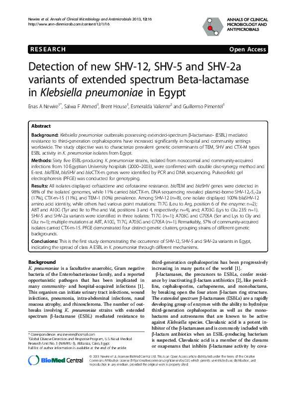 (PDF) Detection of new SHV-12, SHV-5 and SHV-2a variants of extended ...