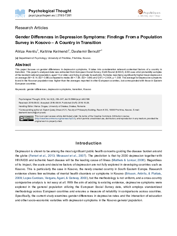 (PDF) Gender differences in depression symptoms: Findings from a ...
