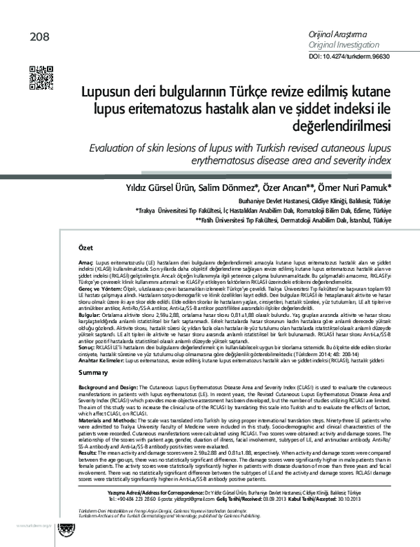 (PDF) Evaluation of skin lesions of lupus with Turkish revised