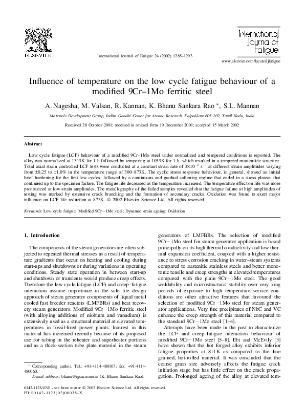 (PDF) Influence of temperature on the low cycle fatigue behaviour of a ...