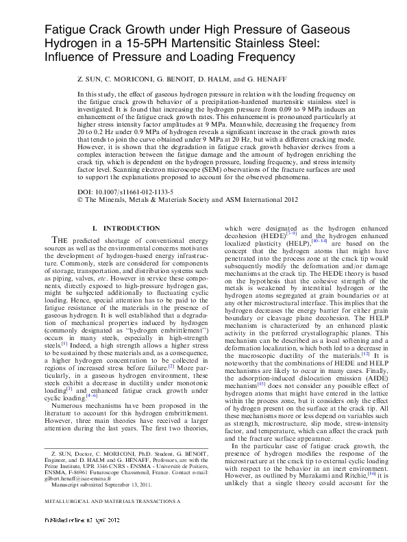 (PDF) Fatigue Crack Growth Under High Pressure of Gaseous Hydrogen ...