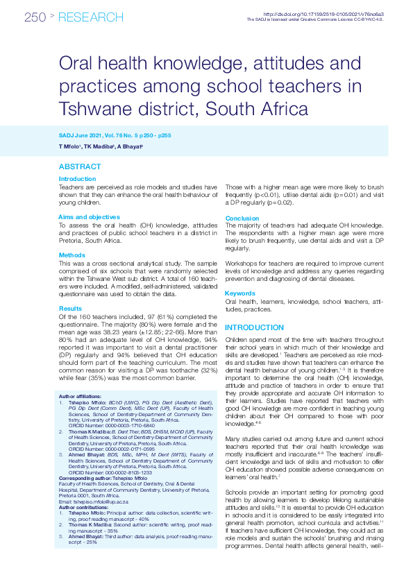 (PDF) Oral health knowledge, attitudes and practices among school ...