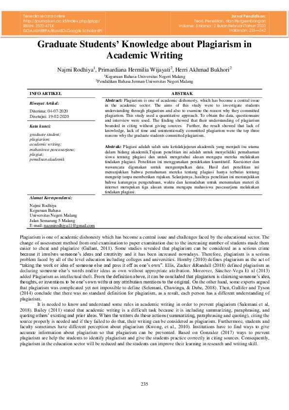 (PDF) Graduate Students’ Knowledge about Plagiarism in Academic Writing