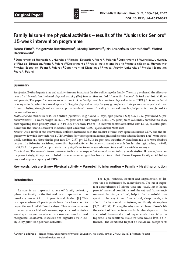 (PDF) Family leisure-time physical activities – results of the “Juniors ...