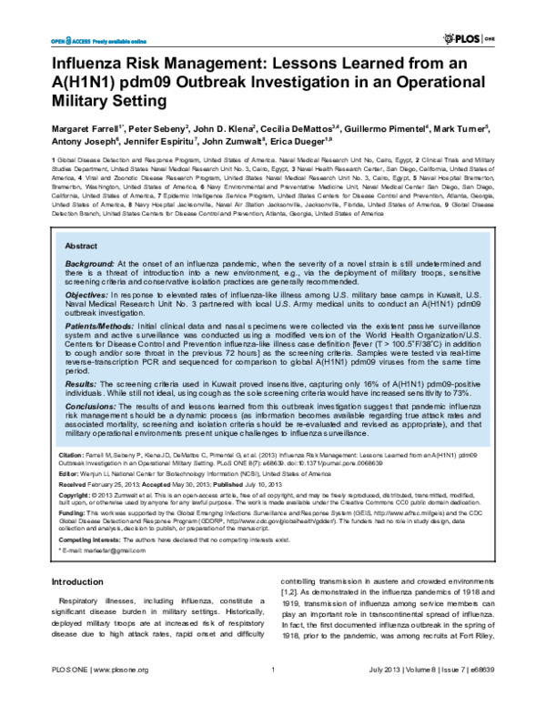 (PDF) Influenza Risk Management: Lessons Learned from an A(H1N1) pdm09 ...