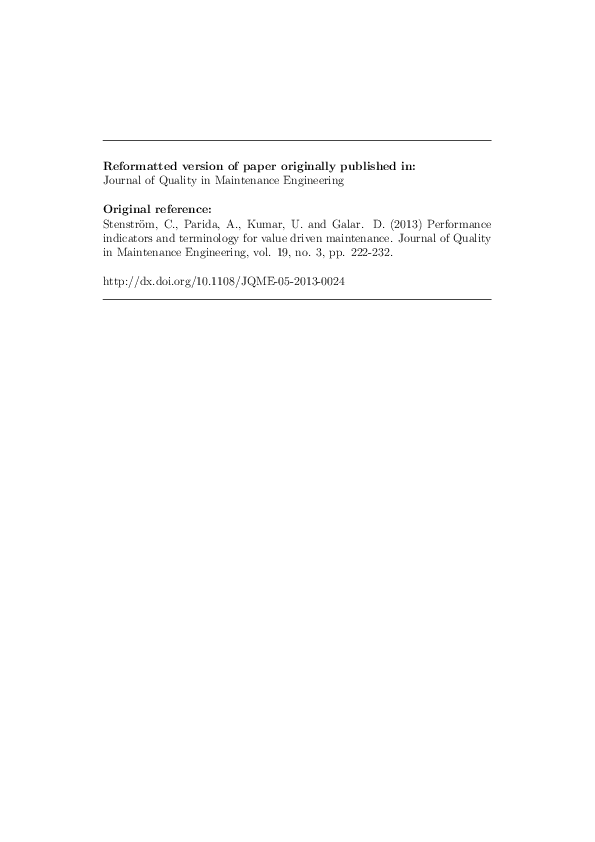 (PDF) Performance indicators and terminology for value driven maintenance