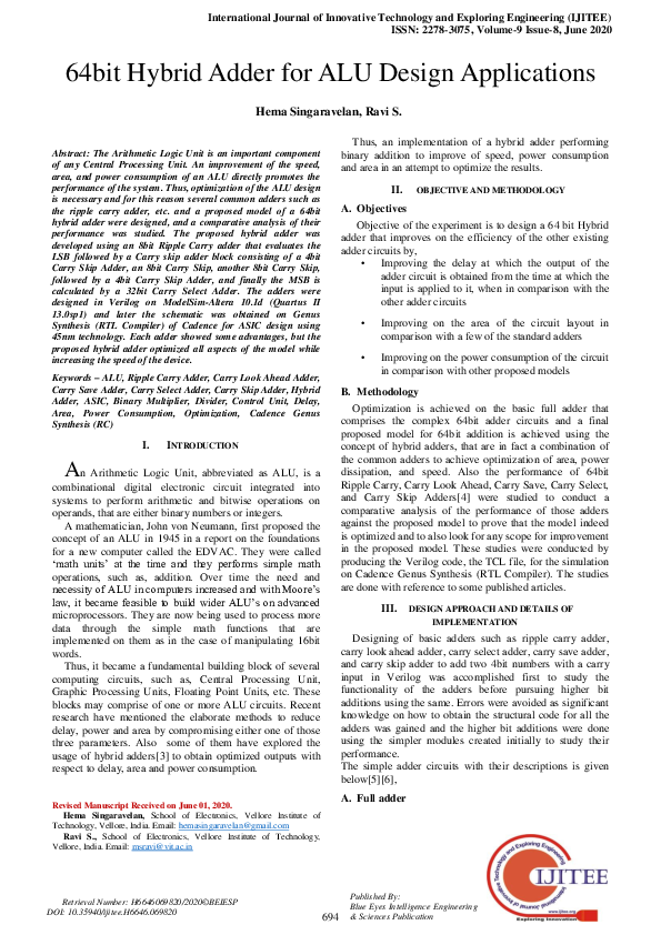 (PDF) 64bit Hybrid Adder for ALU Design Applications