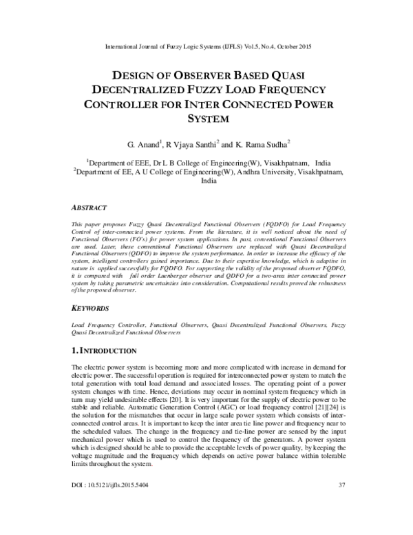 (PDF) Design Of Observer Based Quasi Decentralized Fuzzy Load Frequency ...