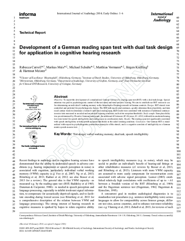 (PDF) Development of a German reading span test with dual task design ...