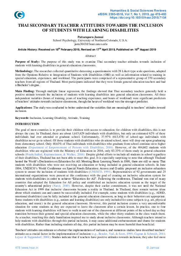 (PDF) Thai Secondary Teacher Attitudes Towards the Inclusion of ...