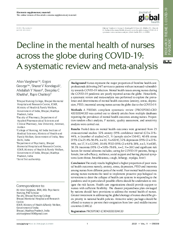 (PDF) Decline in the mental health of nurses across the globe during ...