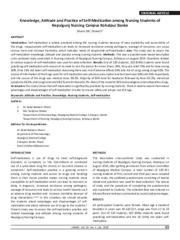 (PDF) Knowledge, Attitude and Practice of Self-Medication among Nursing ...