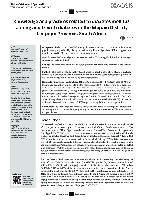 (PDF) Knowledge and practices related to diabetes mellitus among adults ...