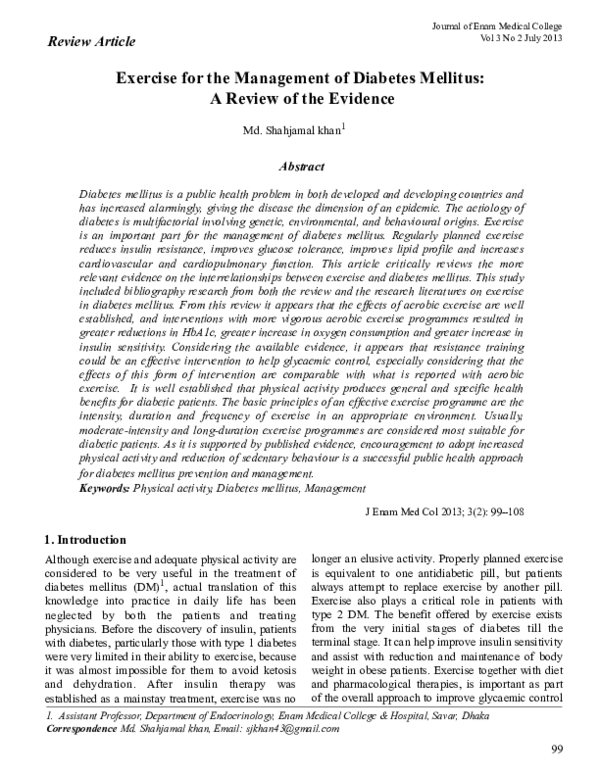 (PDF) Exercise for the Management of Diabetes Mellitus: A Review of the ...