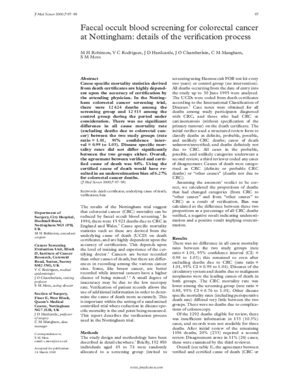 (PDF) Faecal Occult Blood Screening for Colorectal Cancer: is It Cost ...