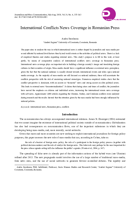 (PDF) International Conflicts News Coverage in Romanian Press