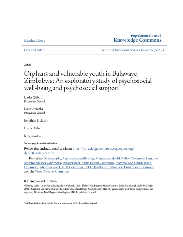 (PDF) Orphans and vulnerable youth in Bulawayo, Zimbabwe: An ...