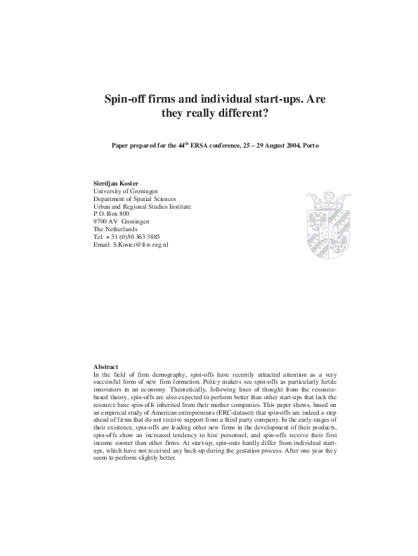 (PDF) Spin-off firms and individual start-ups. Are they really different?