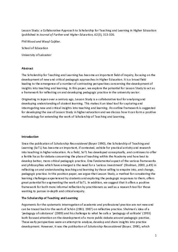 (PDF) Lesson study: A collaborative approach to scholarship for ...