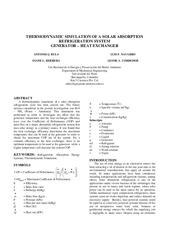 (PDF) Thermodynamic simulation of a solar absorption refrigeration ...
