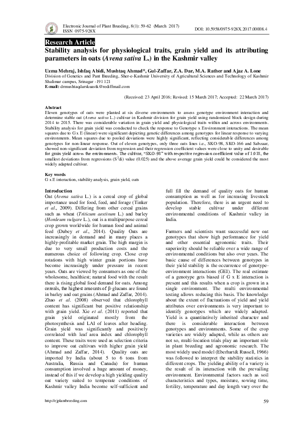 (PDF) Stability analysis for physiological traits, grain yield and its ...