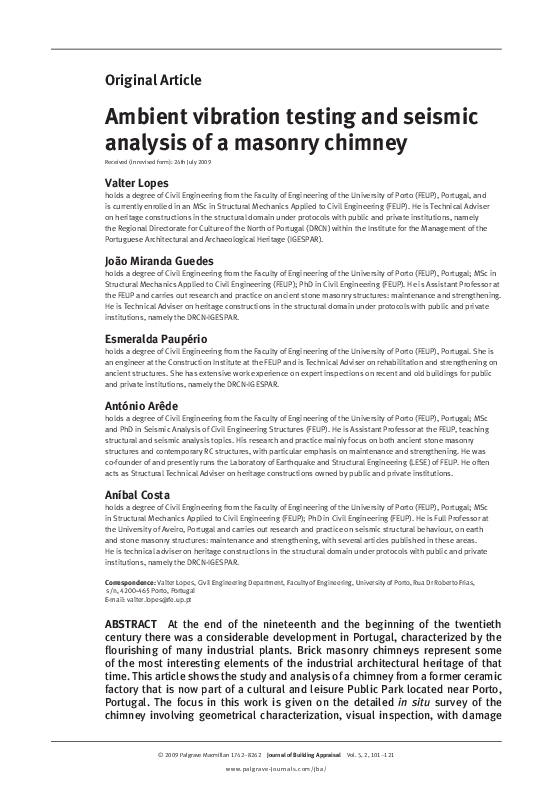 (PDF) Ambient vibration testing and seismic analysis of a masonry chimney