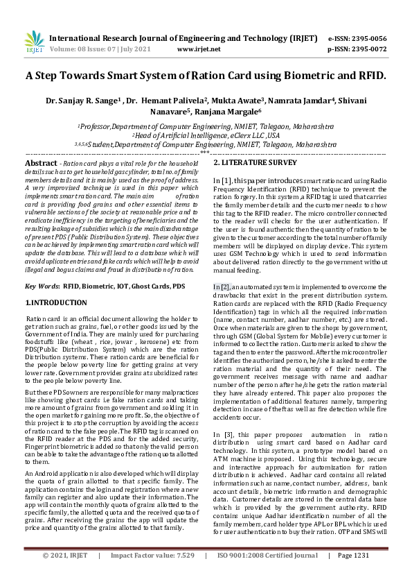 (PDF) IRJET A Step Towards Smart System of Ration Card using Biometric