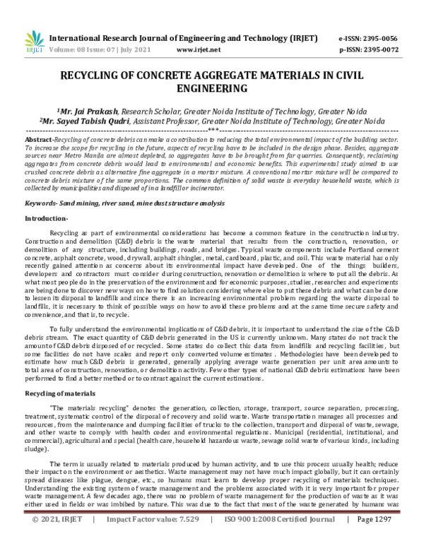 (PDF) IRJET- RECYCLING OF CONCRETE AGGREGATE MATERIALS IN CIVIL ENGINEERING