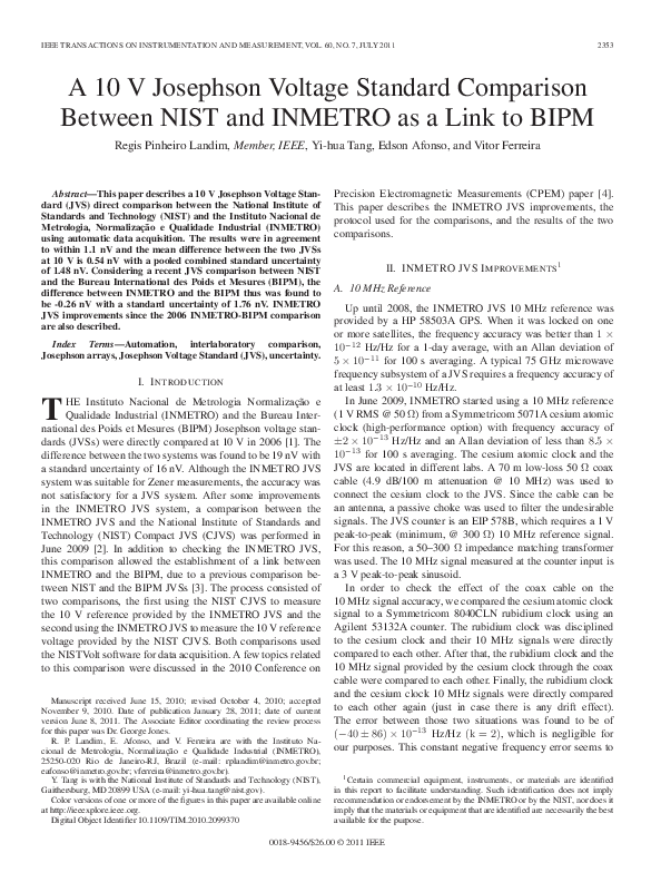 (PDF) A 10 V Josephson Voltage Standard Comparison Between NIST and ...