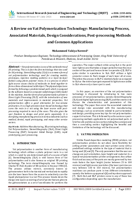 (PDF) IRJET A Review on Vat Polymerization Technology Manufacturing