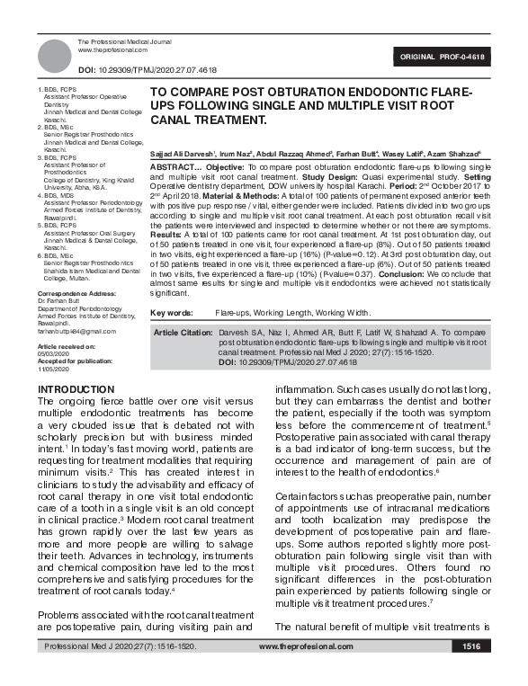 (PDF) To compare post obturation endodontic flare-ups following single ...