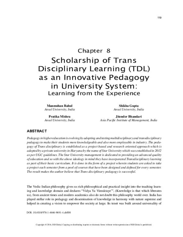 (PDF) Scholarship of Trans Disciplinary Learning (TDL) as an Innovative ...